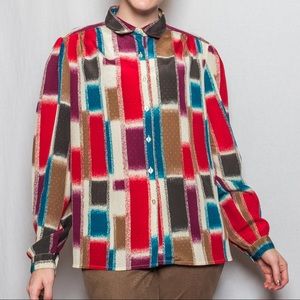 Vintage 70s Pykettes Brand Long Sleeve Button Up Blouse with Retro Pattern